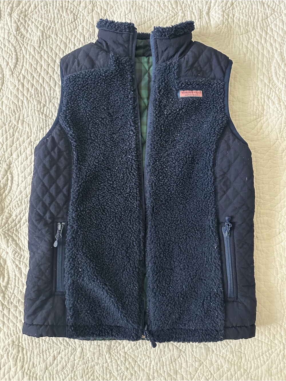 Vineyard Vines Women’s Navy and Plaid Sherpa Quilted Vest